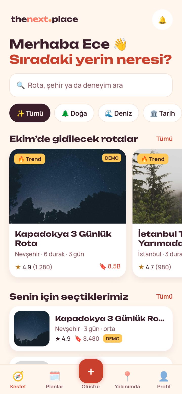 TheNext.Place uygulaması — Keşfet ekranı